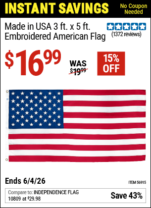 Harbor Freight Coupons, HF Coupons, 20% off - 3ft. x 5ft. American Flag with Embroidered Stars