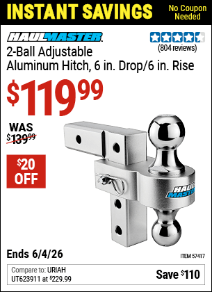 Harbor Freight Coupons, HF Coupons, 20% off - HAUL-MASTER 2-Ball Adjustable Aluminum Hitch for $109.99