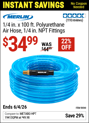 Harbor Freight Coupons, HF Coupons, 20% off - MERLIN 1/4 in. x 100 ft. Polyurethane Air Hose 