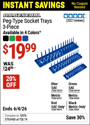 Harbor Freight Coupons, HF Coupons, 20% off - U.S. GENERAL Peg-Type Socket Tray, 3 Pc. for $14.99