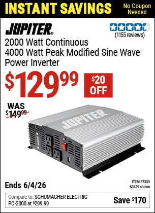 Harbor Freight Coupons, HF Coupons, 20% off - 2000 Watt Continuous/4000 Watt Peak Power Inverter