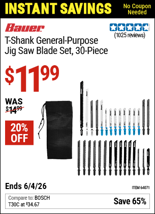Harbor Freight Coupons, HF Coupons, 20% off - 30 Piece T-shank All Purpose Jigsaw Blade Assortment
