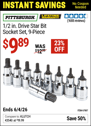 Harbor Freight Coupons, HF Coupons, 20% off - 1/2 in. Drive Star Bit Socket Set, 9 Pc.