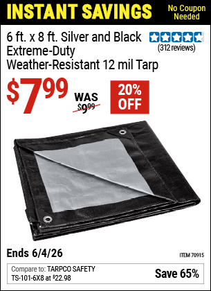 Harbor Freight Coupons, HF Coupons, 20% off - 6 ft. x 8 ft. Silver and Black Extreme-Duty, Weather-Resistant Tarp for $7.99