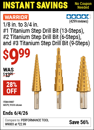 Harbor Freight Coupons, HF Coupons, 20% off - 3 Piece Titanium High Speed Steel Step Bits