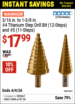 Harbor Freight Coupons, HF Coupons, 20% off - 2 Piece Titanium Nitride Coated High Speed Steel Step Drill Bits