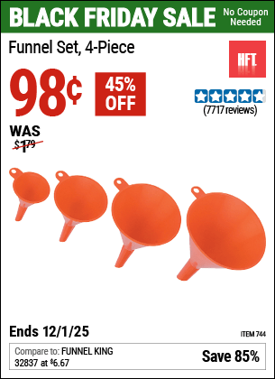 Harbor Freight Coupons, HF Coupons, 20% off - HFT Funnel Set 4 Pc. for $0.79