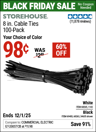 Harbor Freight Coupons, HF Coupons, 20% off - STOREHOUSE 8 in. Cable Ties Pack of 100 for $1.49
