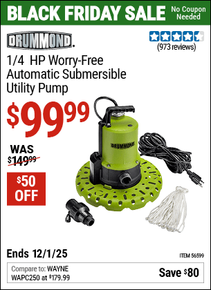 Harbor Freight Coupons, HF Coupons, 20% off - DRUMMOND 1/4 HP Worry-Free Automatic Submersible Utility Pump for $99.99