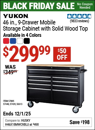 Harbor Freight Coupons, HF Coupons, 20% off - YUKON 46 in. 9-Drawer Mobile Storage Cabinet with Solid Wood Top 
