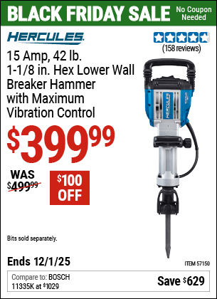 Harbor Freight Coupons, HF Coupons, 20% off - HERCULES 15 Amp, 42 lb., 1-1/8 in. Hex Lower Wall Breaker Hammer with Maximum Vibration Control for $399.99