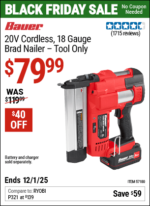 Harbor Freight Coupons, HF Coupons, 20% off - BAUER 20v Cordless 18 Gauge Brad Nailer for $79.99