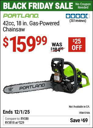 Harbor Freight Coupons, HF Coupons, 20% off - PORTLAND 42cc, 18 in. Gas-Powered Chainsaw for $129.99