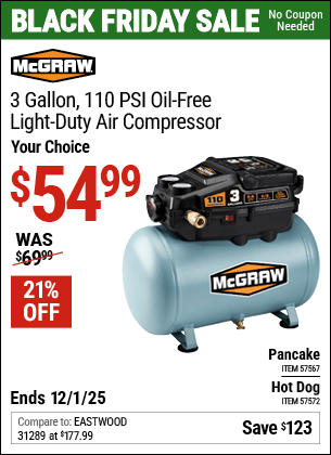 Harbor Freight Coupons, HF Coupons, 20% off - 3 Gallon 1/3 HP 110 PSI Oil-Free Hotdog Air Compressor