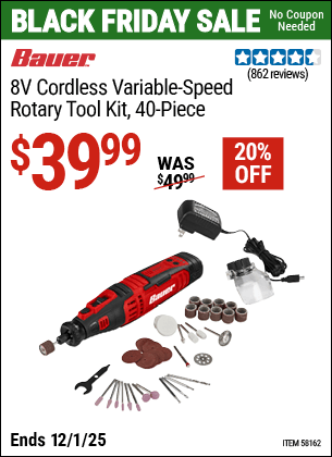 Harbor Freight Coupons, HF Coupons, 20% off - BAUER 8V Cordless Variable Speed Rotary Tool Kit 