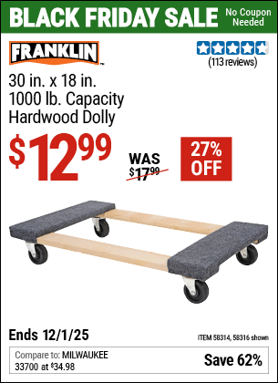 Harbor Freight Coupons, HF Coupons, 20% off - FRANKLIN 30 in. x 19 in. 1000 lb. Capacity Hardwood Dolly 
