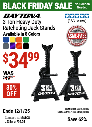 Harbor Freight Coupons, HF Coupons, 20% off - Buy Any 3T or 4T Steel DAYTONA Jack, Get One Pair of 3T DAYTONA Steel Jack Stands FREE!