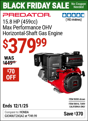 Harbor Freight Coupons, HF Coupons, 20% off - PREDATOR 15.8 HP (459cc) OHV Horizontal-Shaft Gas Engine for $419.99