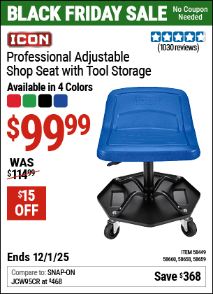 Harbor Freight Coupons, HF Coupons, 20% off - ICON Professional Adjustable Shop Seat with Tool Storage 