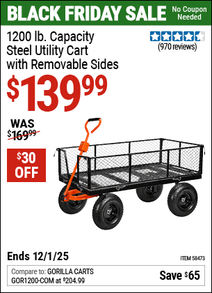 Harbor Freight Coupons, HF Coupons, 20% off - HFT 1200 lb. Capacity Steel Utility Cart with Sides 