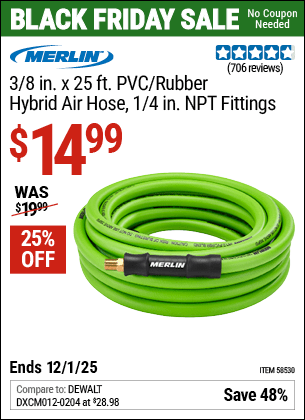 Harbor Freight Coupons, HF Coupons, 20% off - MERLIN 3/8 in. x 25 ft. PVC/Rubber Hybrid Air Hose for $14.99