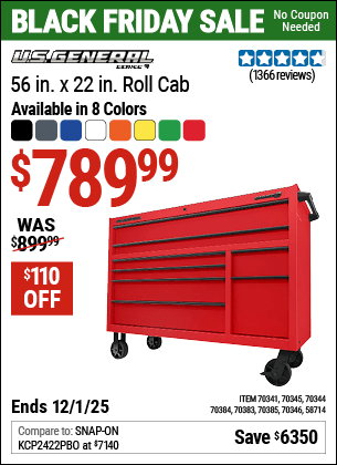 Harbor Freight Coupons, HF Coupons, 20% off - U.S. GENERAL 56 in. Roller Cabinet. Red for $749.99