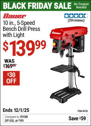 Harbor Freight Coupons, HF Coupons, 20% off - BAUER 10 in., 5-Speed Bench Drill Press with Light for $139.99