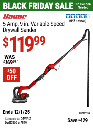 Harbor Freight Coupons, HF Coupons, 20% off - BAUER 5 Amp 9 in. Variable Speed Drywall Sander 
