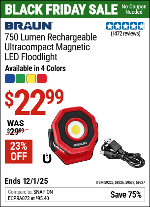 Harbor Freight Coupons, HF Coupons, 20% off - BRAUN 750 Lumen LED Ultracompact Magnetic Rechargeable Floodlight, Blue for $23.99