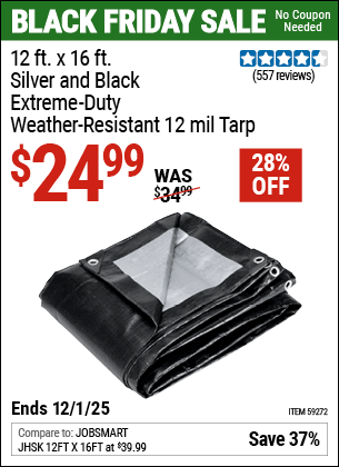 Harbor Freight Coupons, HF Coupons, 20% off - 12 ft. x 16 ft. Silver and Black Extreme-Duty, Weather-Resistant Tarp for $26.99