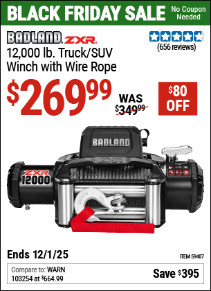 Harbor Freight Coupons, HF Coupons, 20% off - BADLAND ZXR 12 -000 lb. Truck/SUV Winch with Wire Rope 