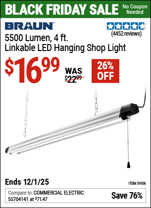 Harbor Freight Coupons, HF Coupons, 20% off - BRAUN 5500 Lumen 4 ft. Linkable LED Hanging Shop Light 