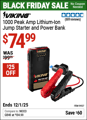 Harbor Freight Coupons, HF Coupons, 20% off - VIKING 1000 Peak Amp Midsize Lithium-Ion Jump Starter and Power Bank for $79.99
