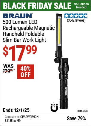 Harbor Freight Coupons, HF Coupons, 20% off - BRAUN 500 Lumen LED Rechargeable Magnetic Handheld Foldable Slim Bar Work Light 