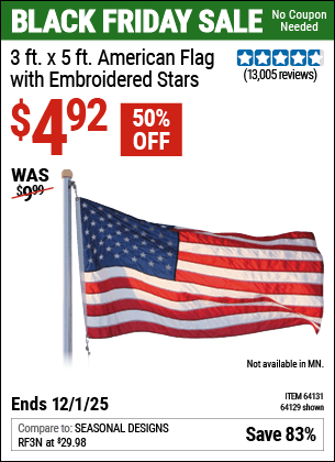 Harbor Freight Coupons, HF Coupons, 20% off - 3 Ft. X 5 Ft. American Flag With Embroidered Stars