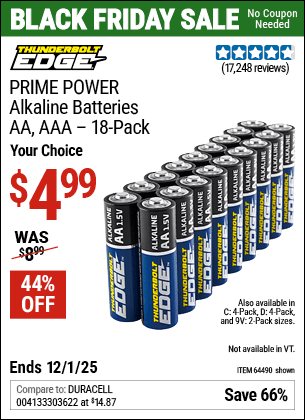 Harbor Freight Coupons, HF Coupons, 20% off - Thunderbolt Edge Alkaline Plus Batteries, Aa, Aaa - 18pk