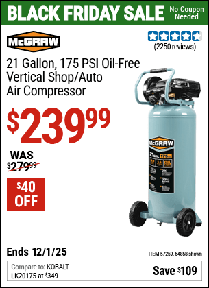 Harbor Freight Coupons, HF Coupons, 20% off - Mcgraw 175 Psi, 21 Gallon Vertical Oil-free Air Compressor