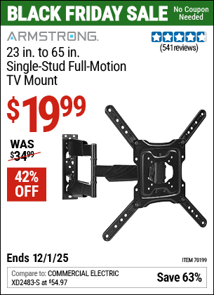 Harbor Freight Coupons, HF Coupons, 20% off - ARMSTRONG 23 in. to 65 in. Single-Stud Full-Motion TV Mount for $29.99