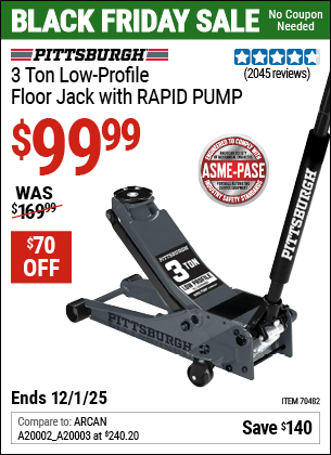 Harbor Freight Coupons, HF Coupons, 20% off - PITTSBURGH 3-Ton Low-Profile Floor Jack with RAPID PUMP 