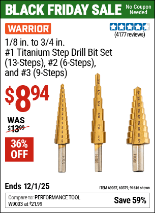 Harbor Freight Coupons, HF Coupons, 20% off - 3 Piece Titanium High Speed Steel Step Bits
