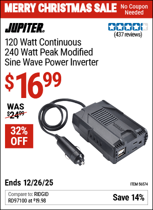 Harbor Freight Coupons, HF Coupons, 20% off - 120 Watt Continuous/240 Watt Peak Modified Sine Wave Power Inverter