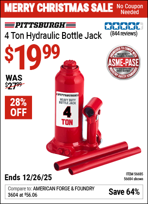 Harbor Freight Coupons, HF Coupons, 20% off - PITTSBURGH 4 Ton Hydraulic Bottle Jack for $17.99