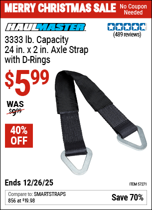 Harbor Freight Coupons, HF Coupons, 20% off - HAUL-MASTER 3333 lb. Capacity 24 in. x 2 in. Axle Strap with D-Rings for $6