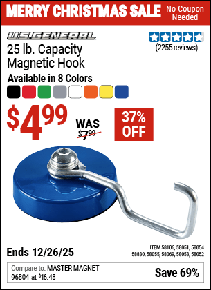 Harbor Freight Coupons, HF Coupons, 20% off - U.S. GENERAL 25 lb. Magnetic Hook for $4.99