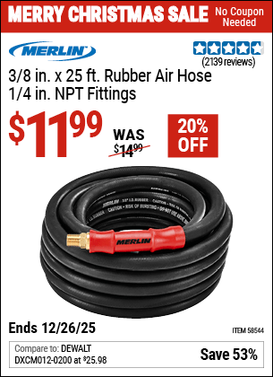 Harbor Freight Coupons, HF Coupons, 20% off - MERLIN 3/8 in. x 25 ft. Rubber Air Hose for $11.99