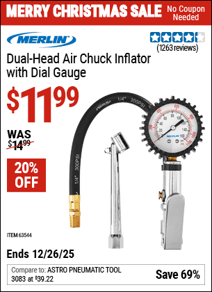 Harbor Freight Coupons, HF Coupons, 20% off - Dual Head Air Chuck Inflator with Dial Gauge