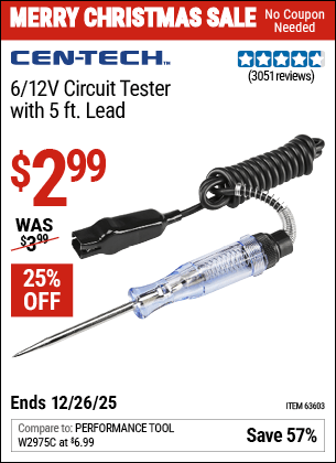 Harbor Freight Coupons, HF Coupons, 20% off - 6/12v Circuit Tester With 5 Ft. Lead
