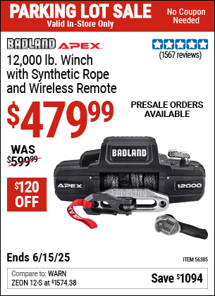 Harbor Freight Coupons, HF Coupons, 20% off - Badland Apex 12,000 Lb. Truck/suv Winch