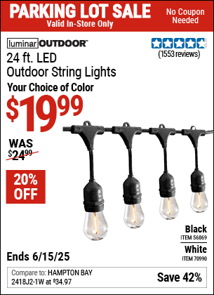 Harbor Freight Coupons, HF Coupons, 20% off - LUMINAR OUTDOOR 24ft., 12 Bob Outdoor LED String Lights