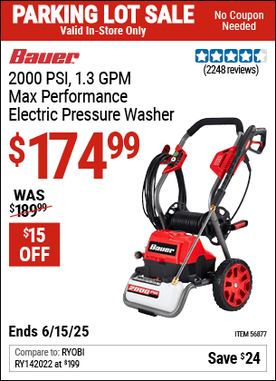Harbor Freight Coupons, HF Coupons, 20% off - BAUER 2000 PSI Max Performance Electric Pressure Washer for $159.99